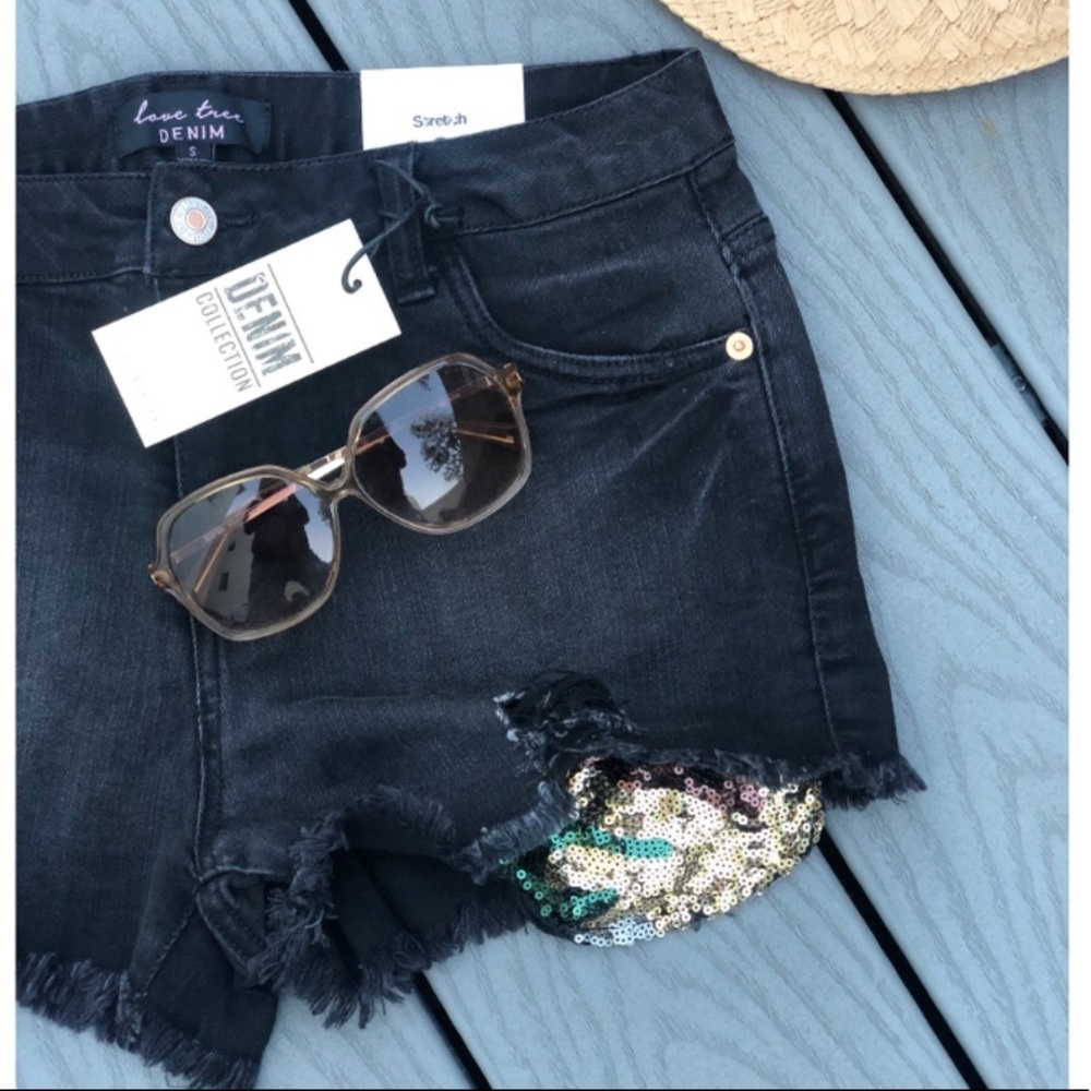 Distressed Stretch Black Sequins Camo Shorts